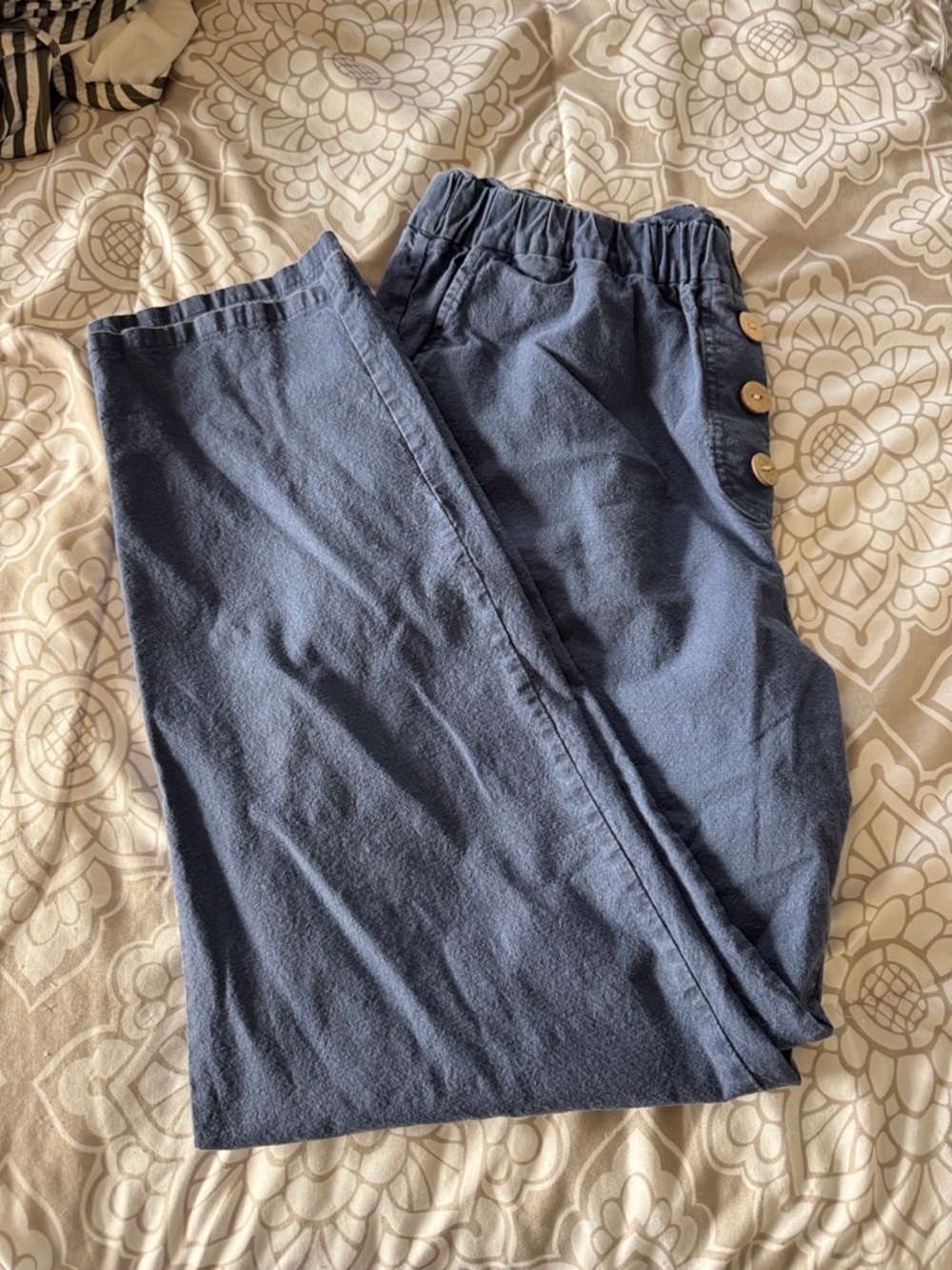 Women's Navy Elastic-Waist Chinos with Faux Button Detail